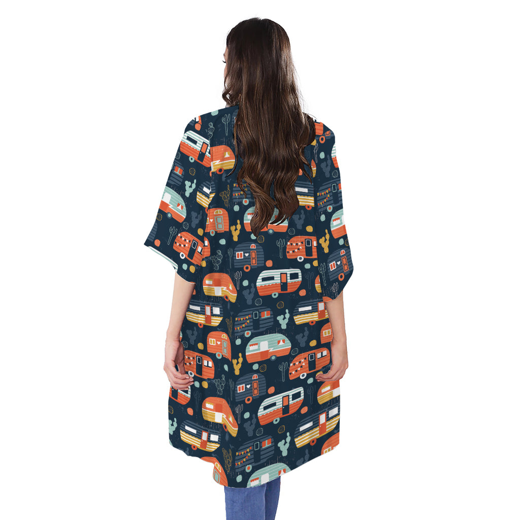 Caravan Camping Pattern Print Open Front Beach Cover Up