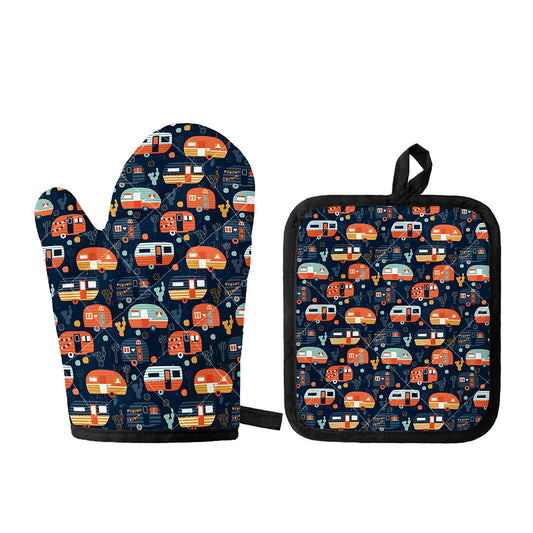 Caravan Camping Pattern Print Oven Mitt And Pot Holder Set
