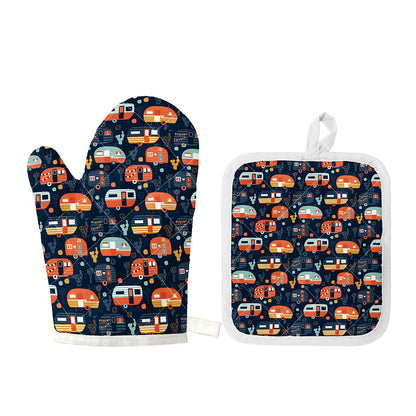 Caravan Camping Pattern Print Oven Mitt And Pot Holder Set