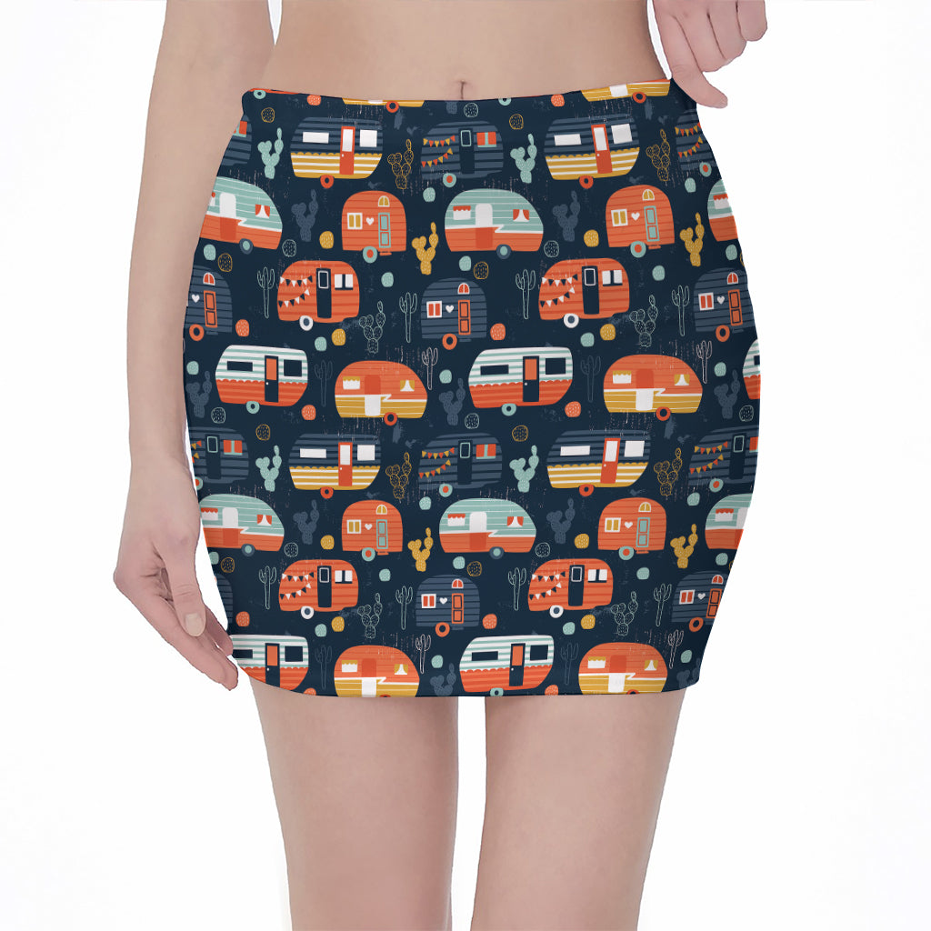 Caravan Camping Pattern Print Pencil Mini Skirt