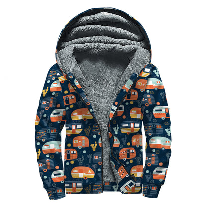 Caravan Camping Pattern Print Sherpa Lined Zip Up Hoodie