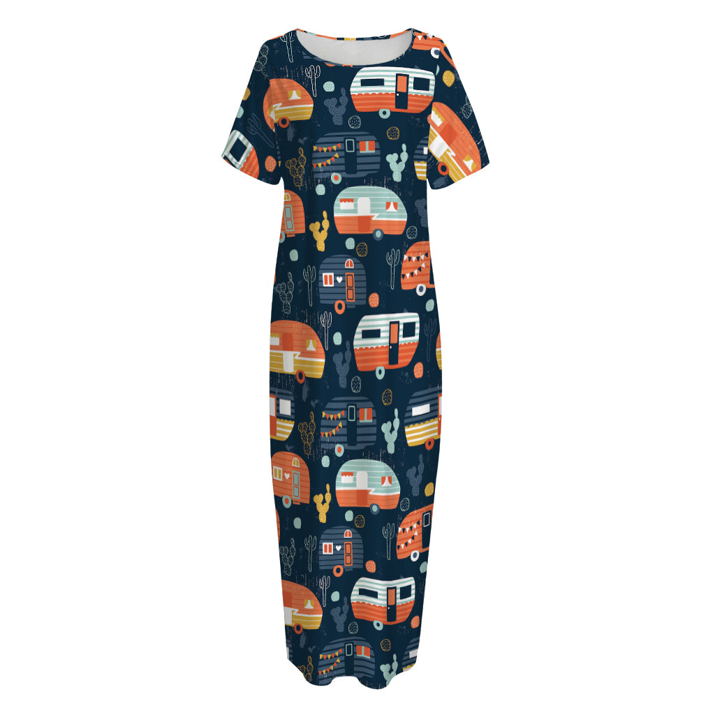 Caravan Camping Pattern Print Short Sleeve Long Nightdress