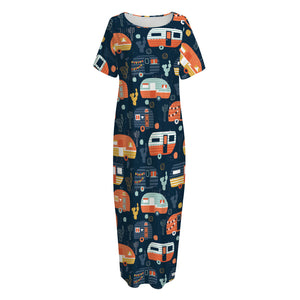 Caravan Camping Pattern Print Short Sleeve Long Nightdress