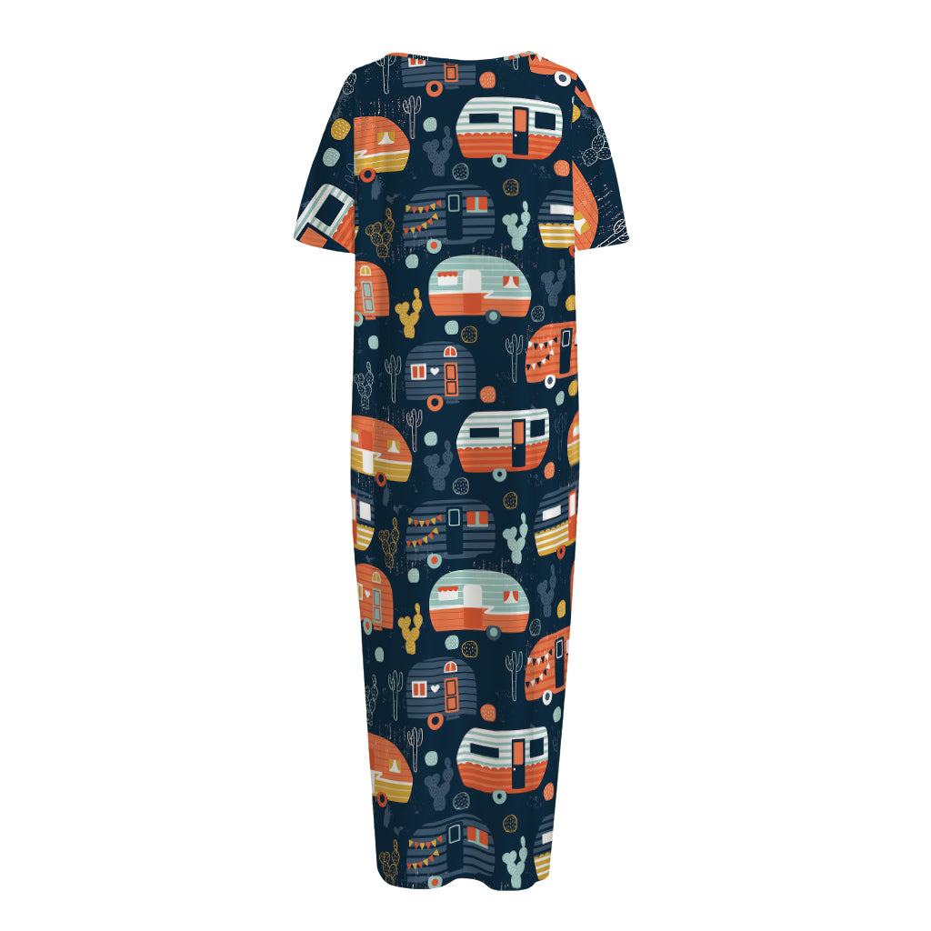 Caravan Camping Pattern Print Short Sleeve Long Nightdress