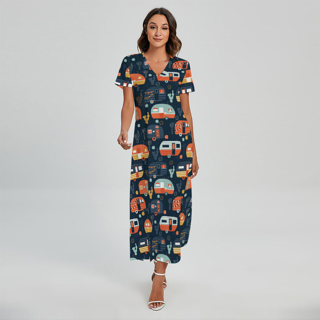 Caravan Camping Pattern Print Short Sleeve Maxi Dress