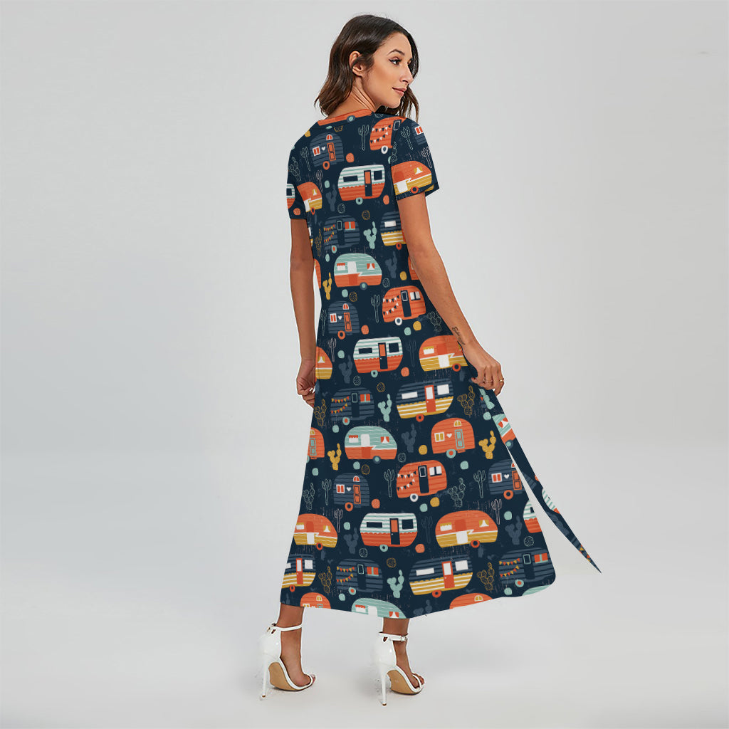 Caravan Camping Pattern Print Short Sleeve Maxi Dress