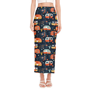 Caravan Camping Pattern Print Side Slit Maxi Skirt