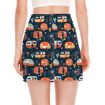 Caravan Camping Pattern Print Side Slit Mini Skirt