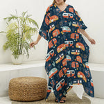 Caravan Camping Pattern Print Silk V-Neck Kaftan Dress