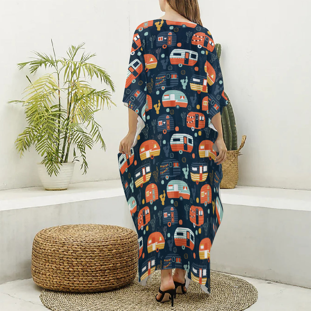 Caravan Camping Pattern Print Silk V-Neck Kaftan Dress