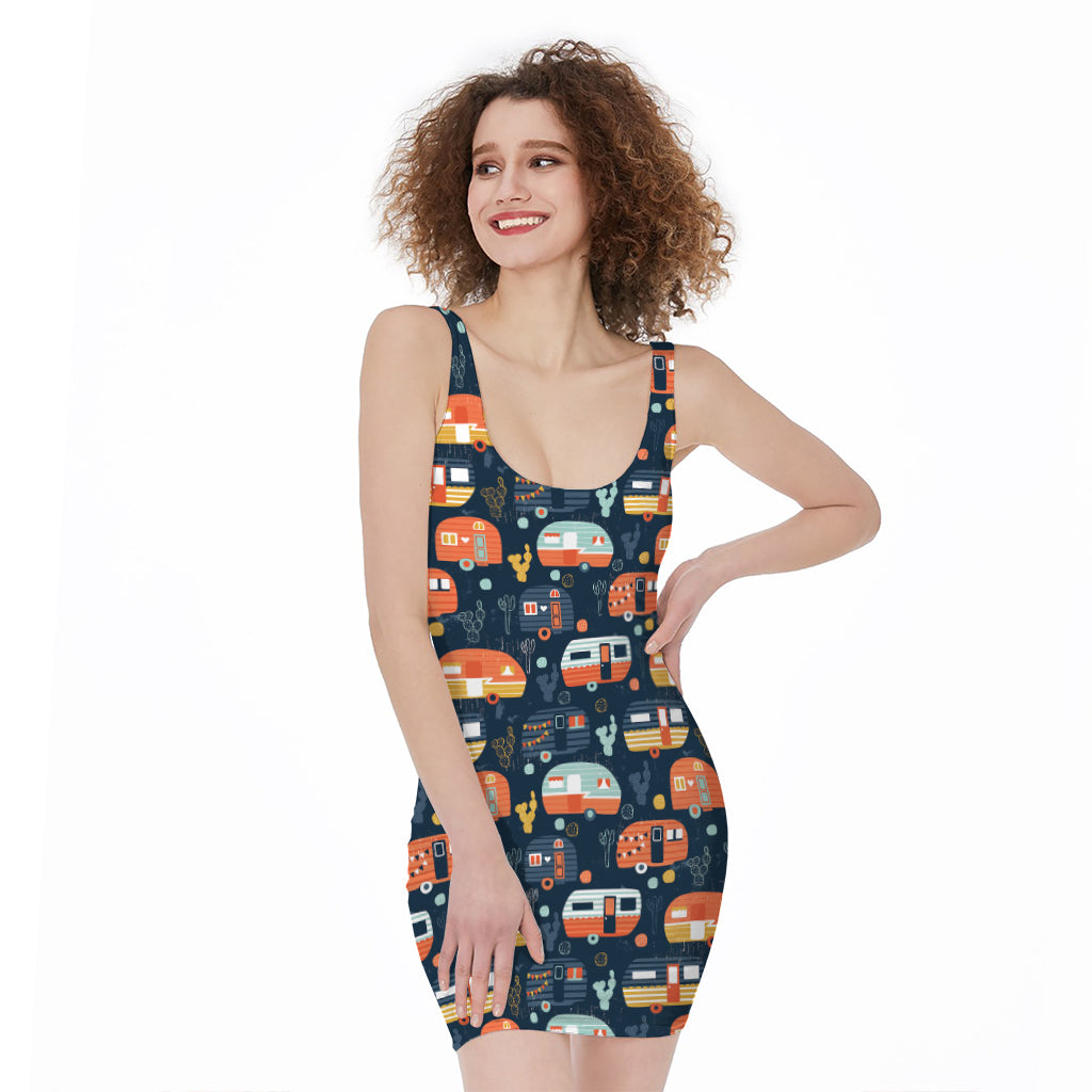 Caravan Camping Pattern Print Sleeveless Bodycon Dress