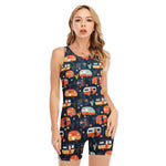 Caravan Camping Pattern Print Sleeveless One Piece Swimsuit