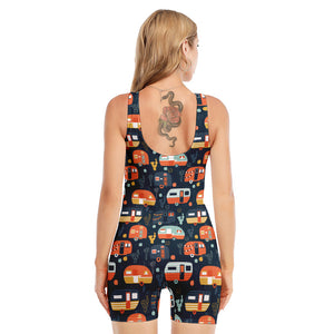 Caravan Camping Pattern Print Sleeveless One Piece Swimsuit