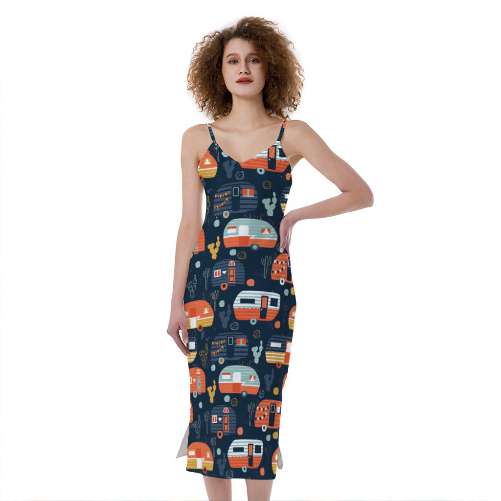 Caravan Camping Pattern Print Slim Fit Midi Cami Dress