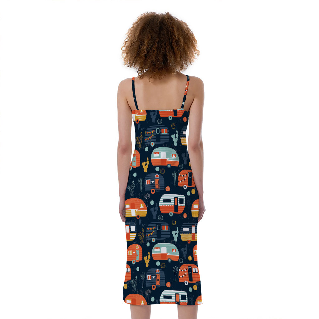 Caravan Camping Pattern Print Slim Fit Midi Cami Dress