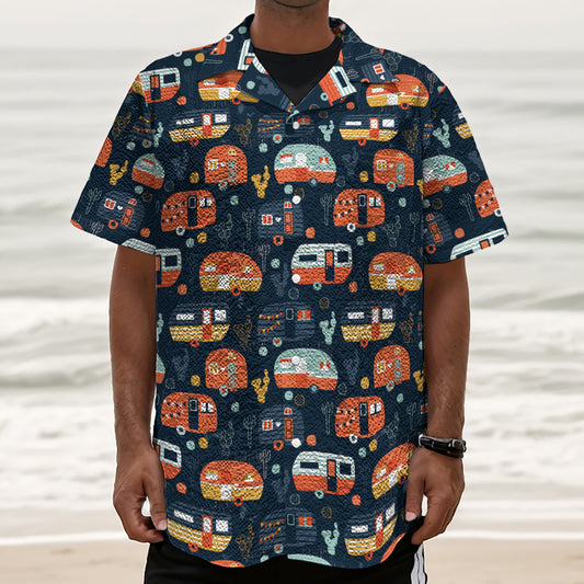 Caravan Camping Pattern Print Textured Short Sleeve Shirt
