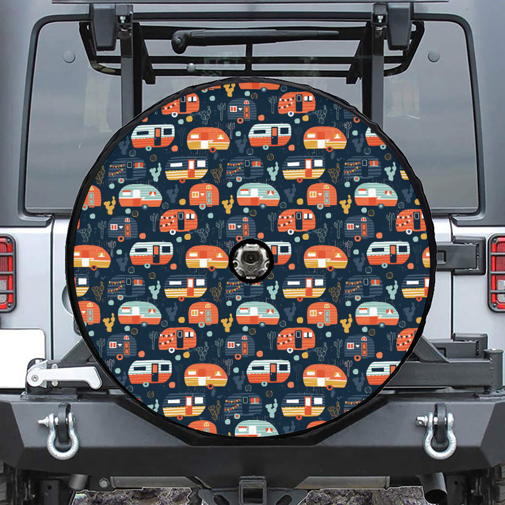 Caravan Camping Pattern Print Tire Cover With Camera Hole