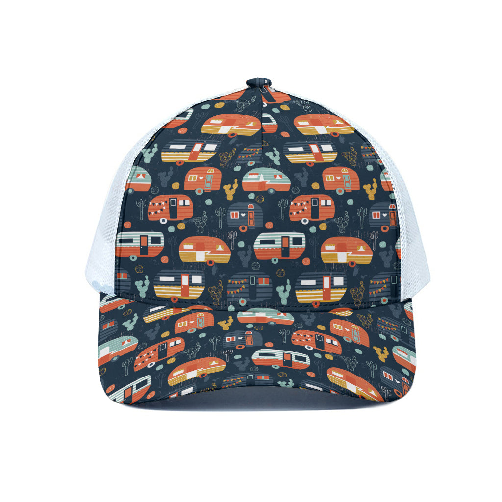 Caravan Camping Pattern Print White Mesh Trucker Cap