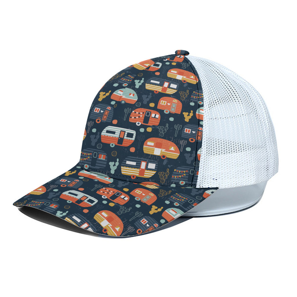Caravan Camping Pattern Print White Mesh Trucker Cap