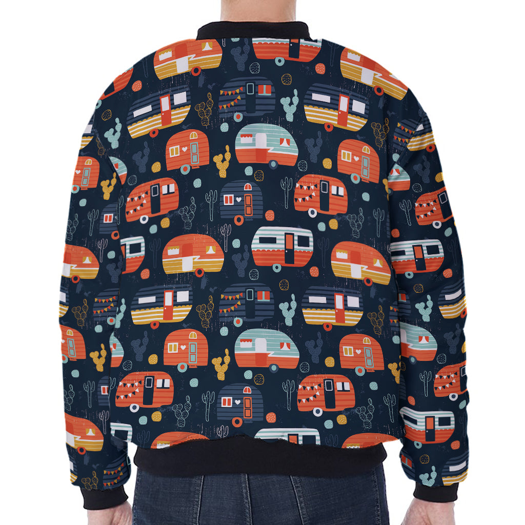 Caravan Camping Pattern Print Zip Sleeve Bomber Jacket