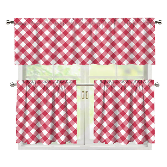 Cardinal Red And White Gingham Print 3 Piece Kitchen Curtains
