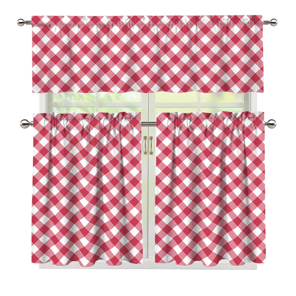 Cardinal Red And White Gingham Print 3 Piece Kitchen Curtains