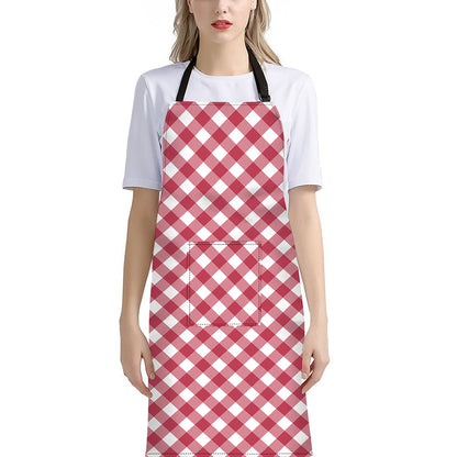 Cardinal Red And White Gingham Print Bib Apron With Pocket
