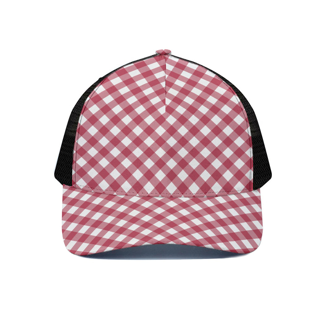 Cardinal Red And White Gingham Print Black Mesh Trucker Cap