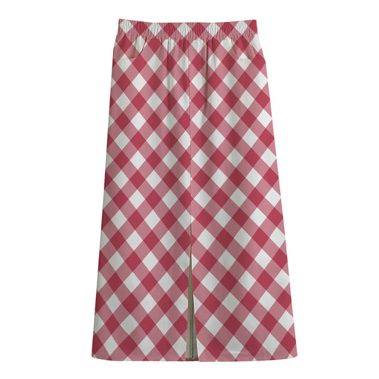 Cardinal Red And White Gingham Print Cotton Front Slit Maxi Skirt