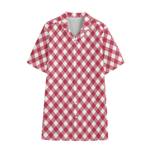 Cardinal Red And White Gingham Print Cotton Hawaiian Shirt