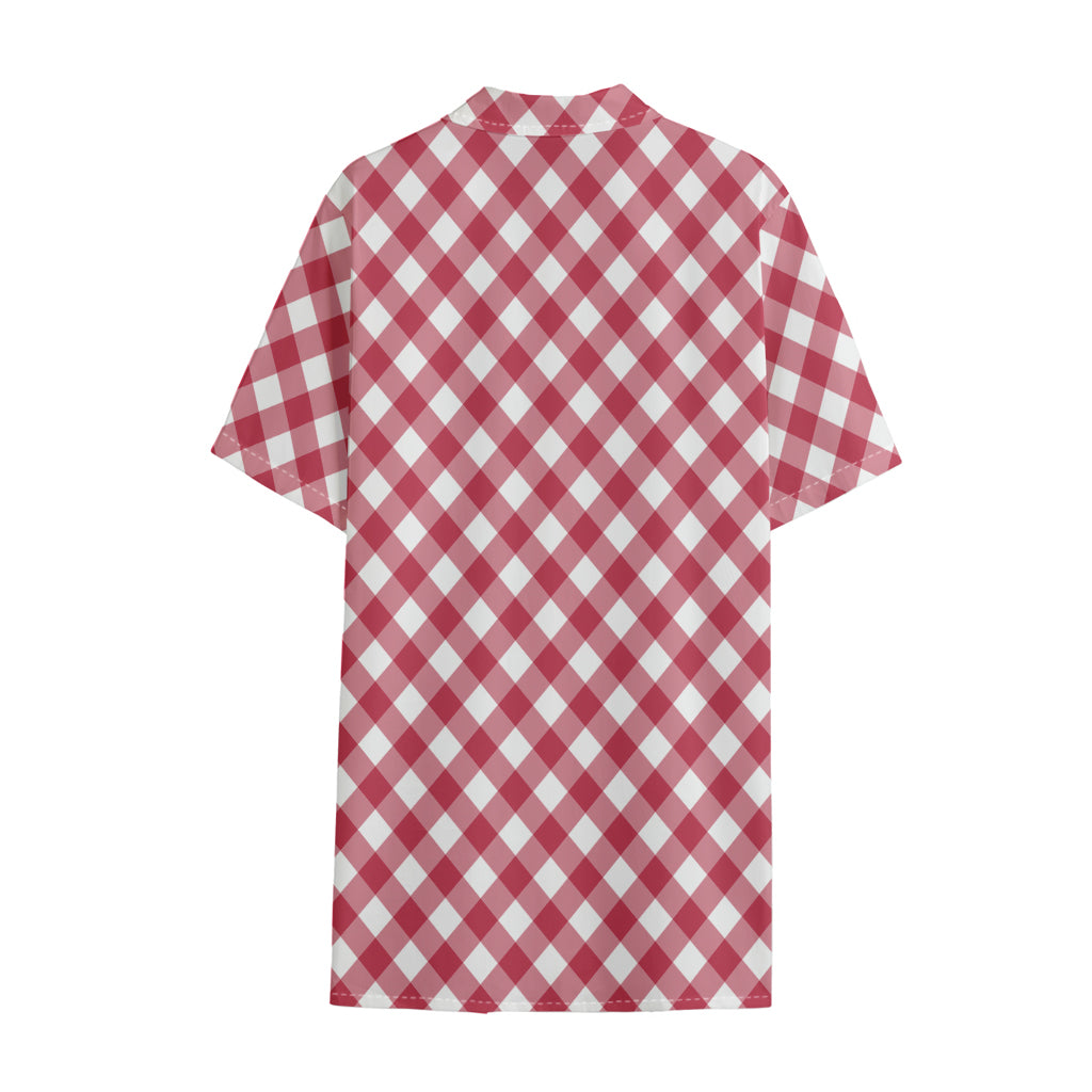Cardinal Red And White Gingham Print Cotton Hawaiian Shirt