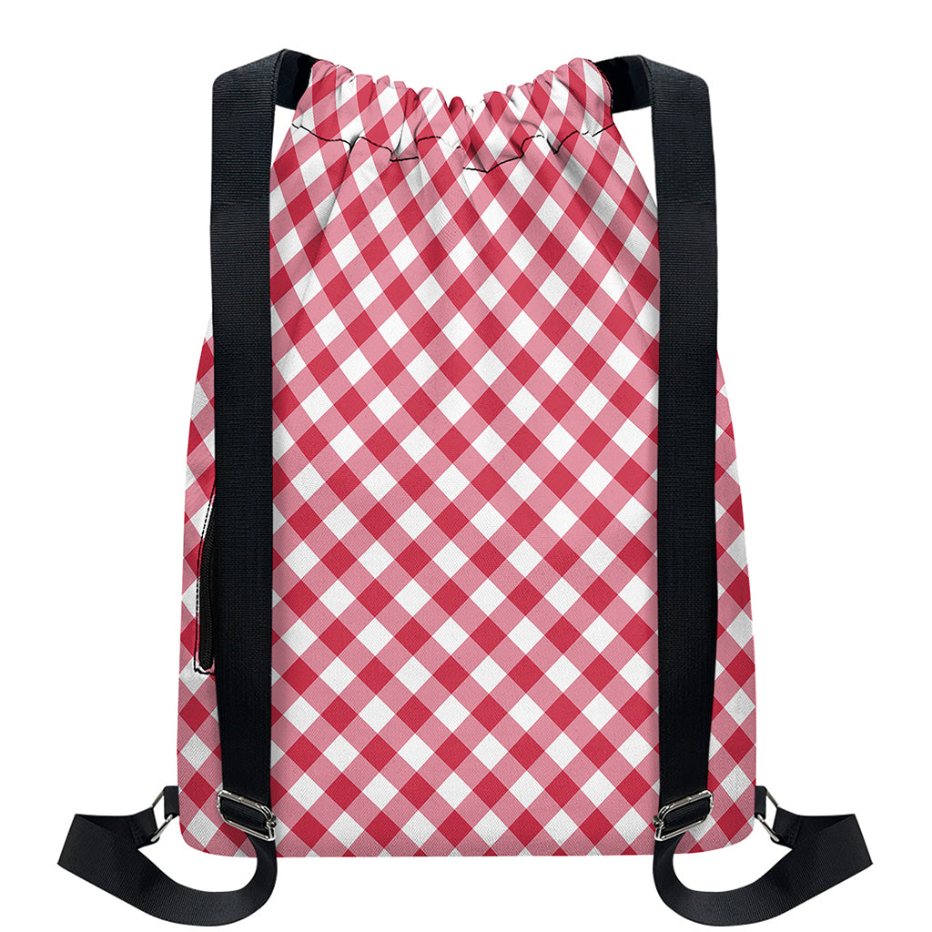 Cardinal Red And White Gingham Print Drawstring Backpack