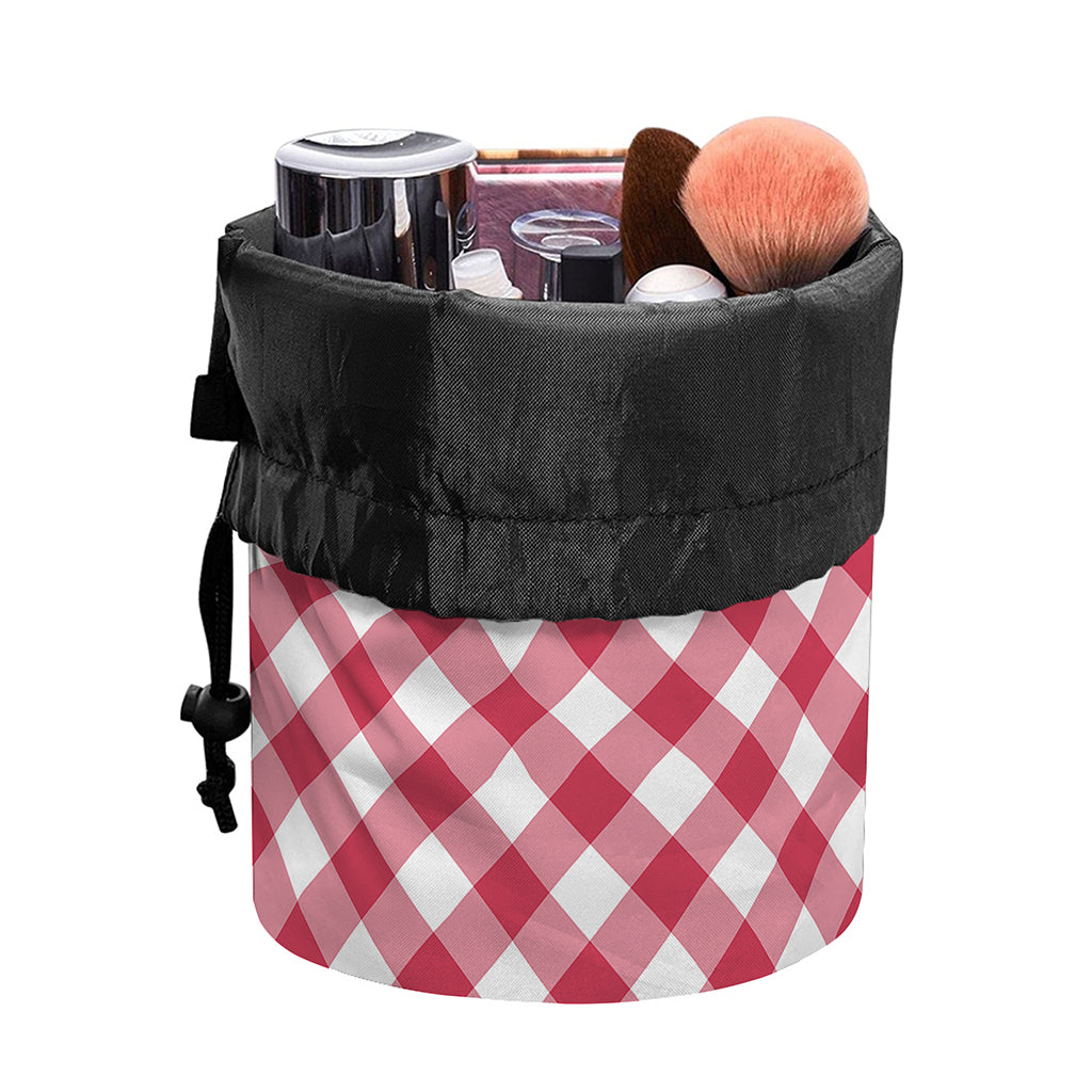 Cardinal Red And White Gingham Print Drawstring Makeup Bag