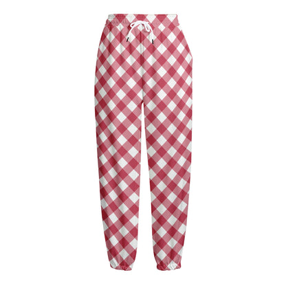 Cardinal Red And White Gingham Print Fleece Lined Knit Pants