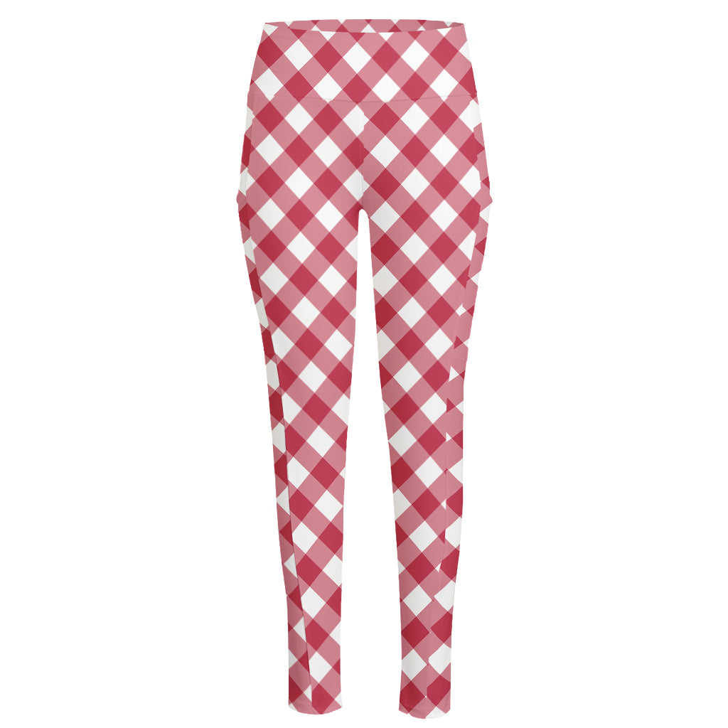 Cardinal Red And White Gingham Print High-Waisted Pocket Leggings