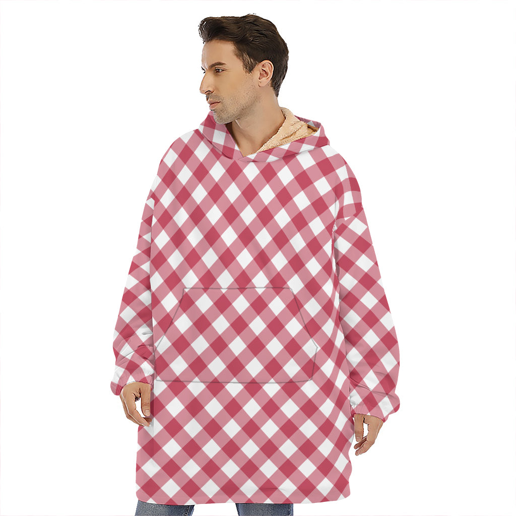 Cardinal Red And White Gingham Print Hoodie Blanket