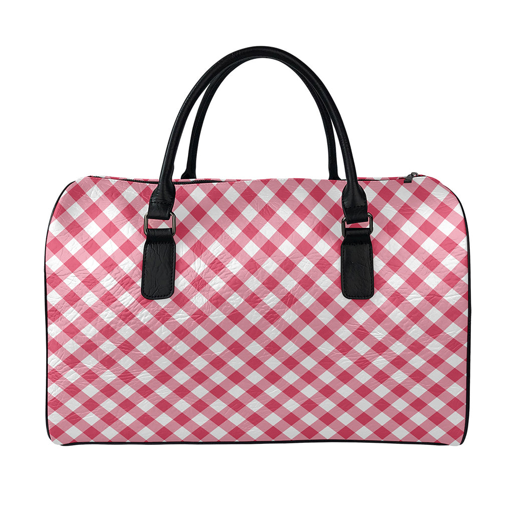 Cardinal Red And White Gingham Print Leather Duffle Bag