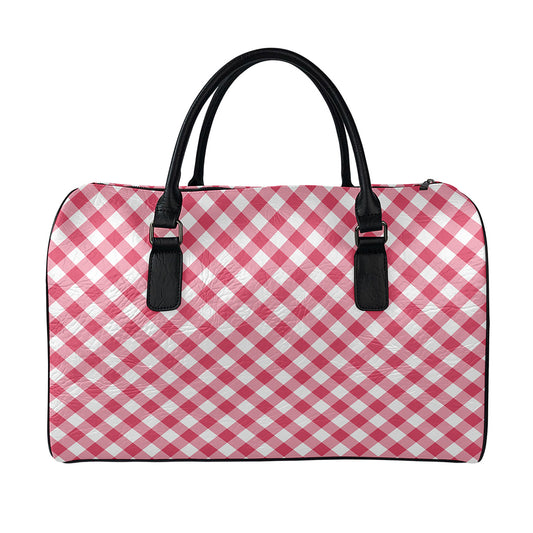 Cardinal Red And White Gingham Print Leather Duffle Bag