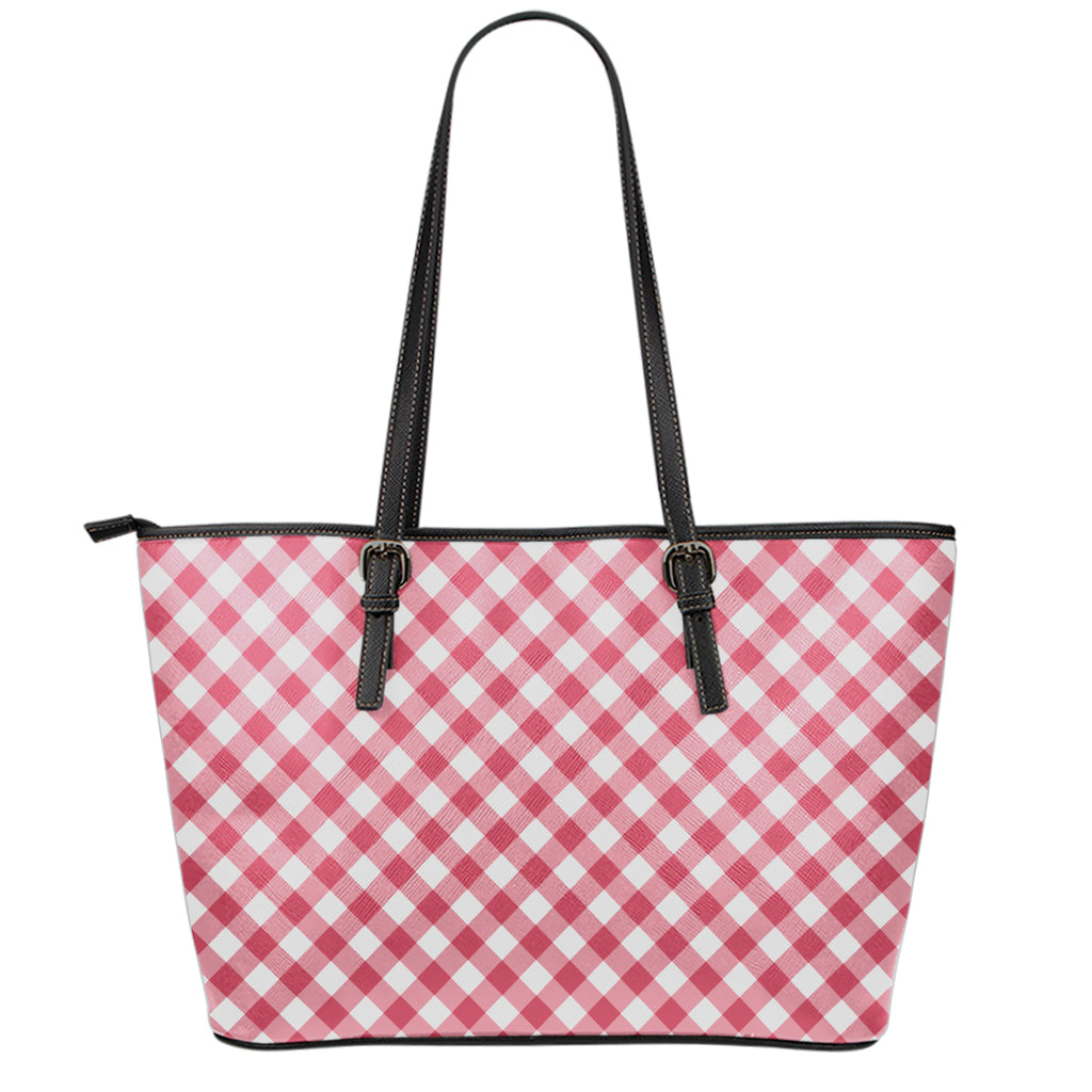Cardinal Red And White Gingham Print Leather Tote Bag