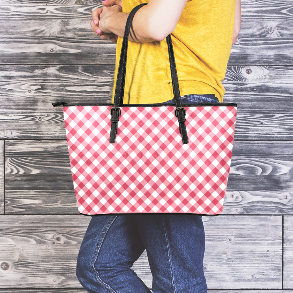 Cardinal Red And White Gingham Print Leather Tote Bag