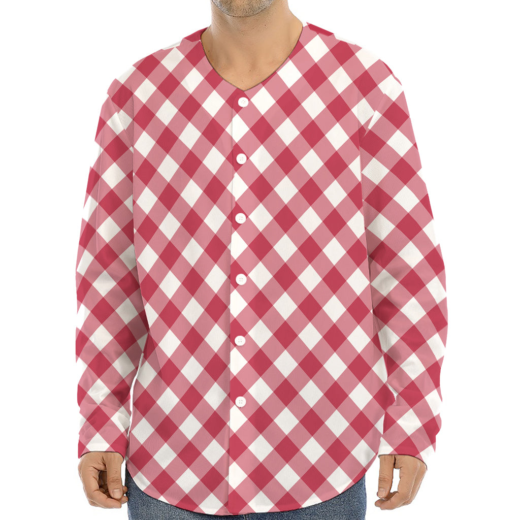 Cardinal Red And White Gingham Print Long Sleeve Baseball Jersey