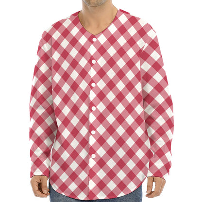 Cardinal Red And White Gingham Print Long Sleeve Baseball Jersey