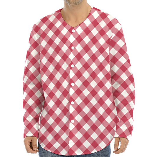 Cardinal Red And White Gingham Print Long Sleeve Baseball Jersey