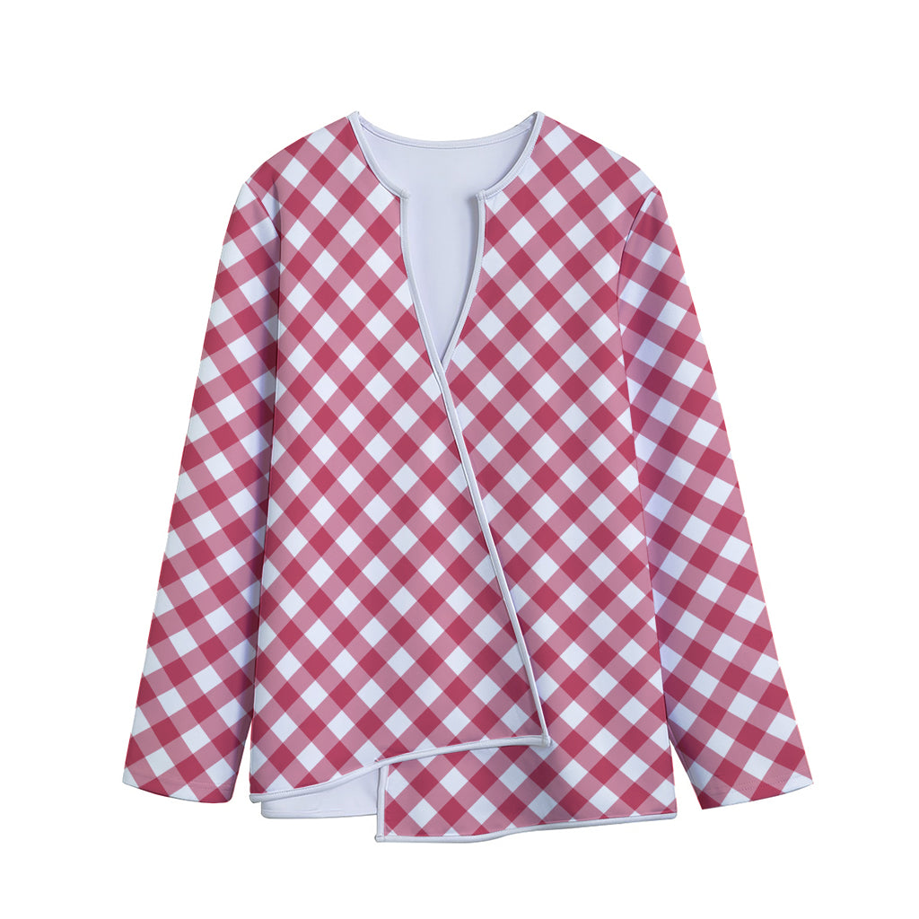 Cardinal Red And White Gingham Print Long Sleeve Short Coat