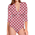 Cardinal Red And White Gingham Print Long Sleeve Swimsuit