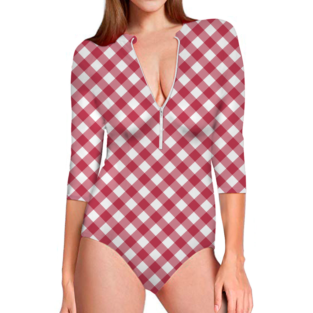 Cardinal Red And White Gingham Print Long Sleeve Swimsuit