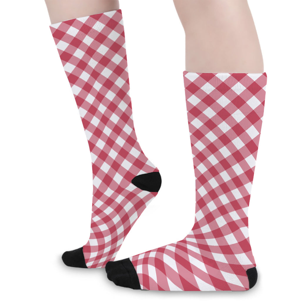 Cardinal Red And White Gingham Print Long Socks