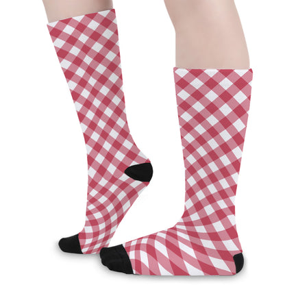 Cardinal Red And White Gingham Print Long Socks