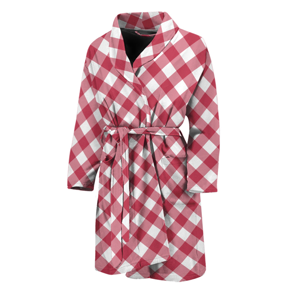 Cardinal Red And White Gingham Print Men's Bathrobe