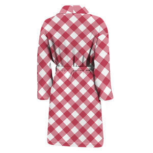 Cardinal Red And White Gingham Print Men's Bathrobe